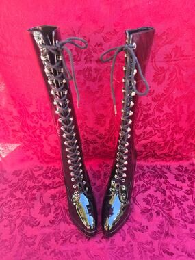 Vintage Morbid Threads Patent Lace Up Knee High Goth Boots Womens 9